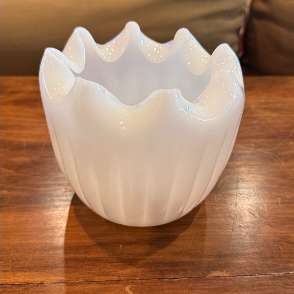 Vintage FENTON MCM Milk Glass Pinch Ruffle Edge Rose Vase Flowers Cottagecore